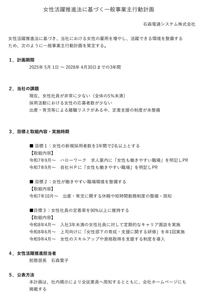 女性活躍推進法に基づく一般事業主行動計画