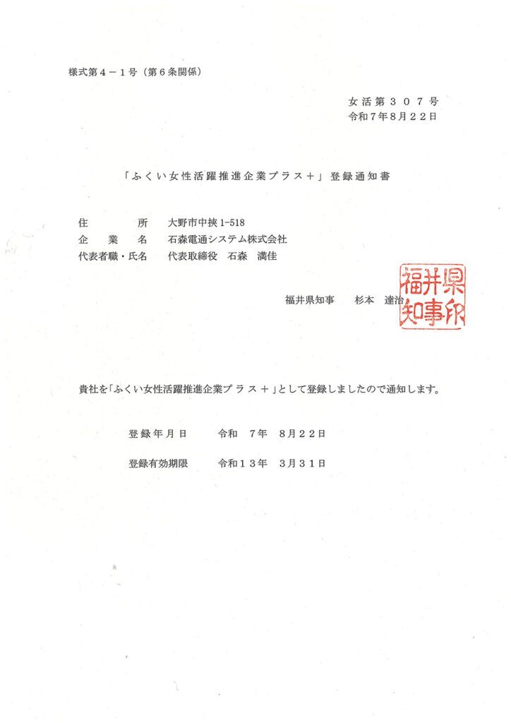 ふくい女性活躍推進企業プラス認定